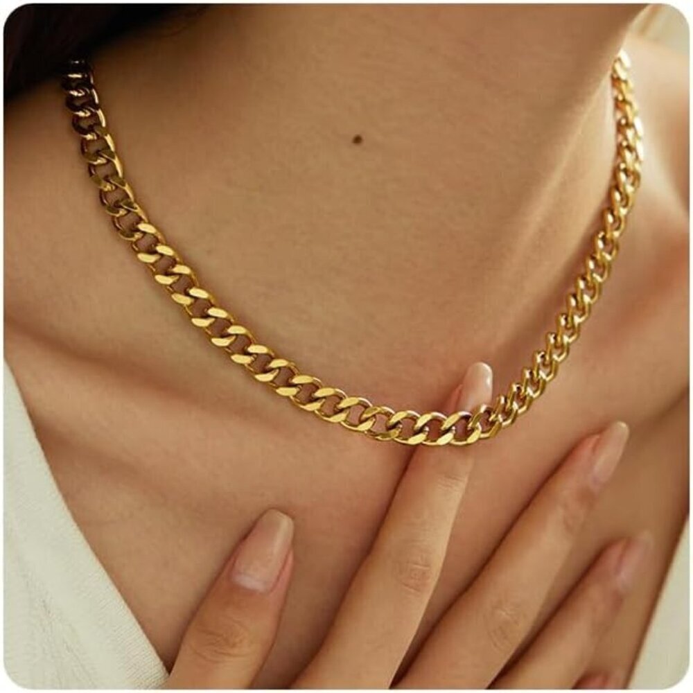 🆕 Women Gold Pendant Toggle Necklace Thick Cuban Curb Chain Gemstone Jewelry